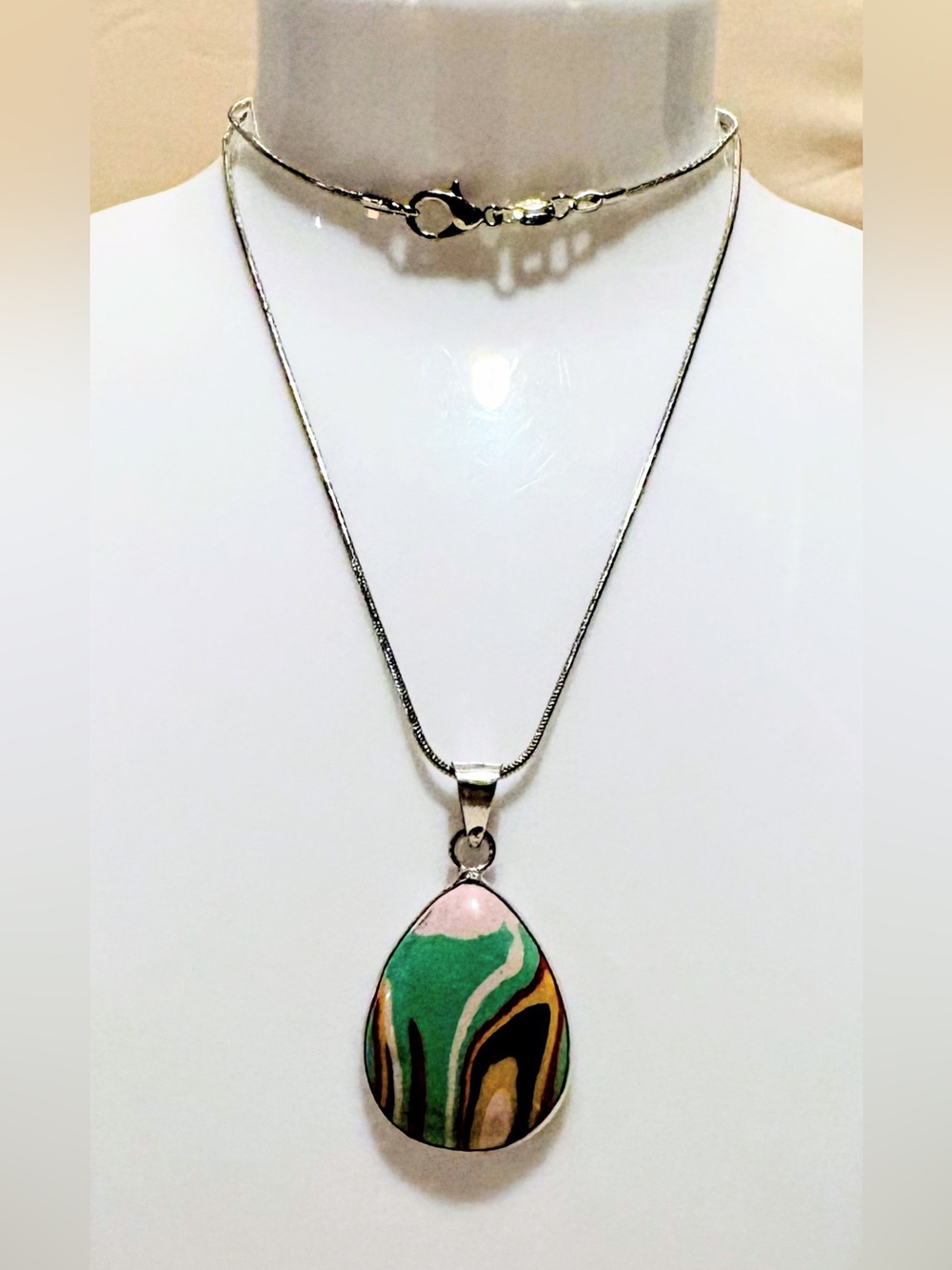 925 Silver Rainbow Calsilica Teardrop Pendant Necklace - nwot
